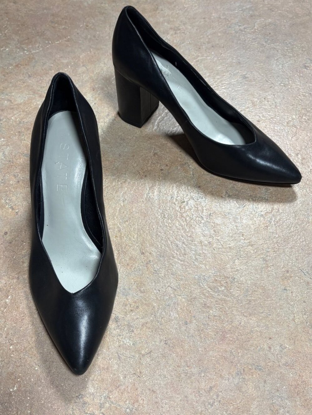 1.STATE Black Leather Pointed Toe Block Heel Pumps Saffire 7M Sweetheart Vamp - Picture 2 of 11